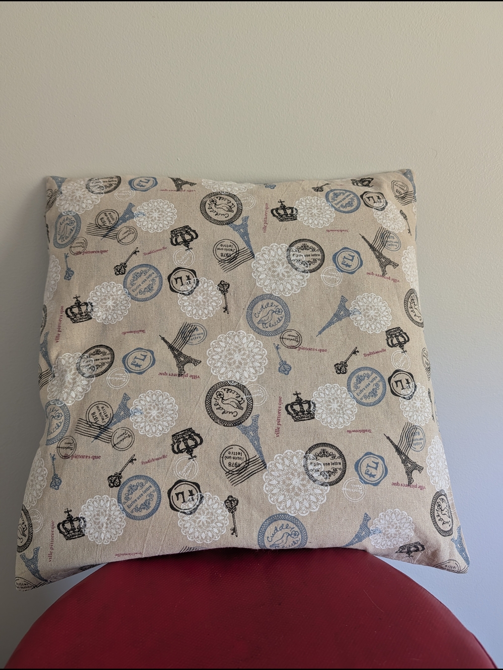 Beige Decorative Throw Pillow Cover with Paris Stamp Print